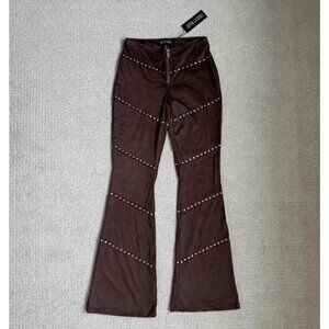 Dolls Kill Current Mood Brown Studded Faux Suede Flared Pants